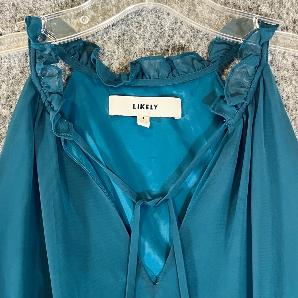 LIKELY Mini Dress Womens 4 Teal Halter V-Neck Ruffle Boho Chic Chiffon Cocktail - Picture 3 of 10